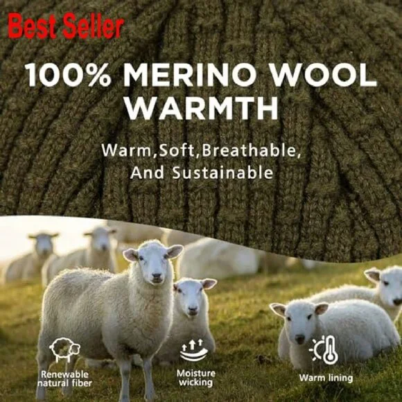 Merino Wool Fleece Lined Beanie with Brim Classic Winter Outdoor Knit Cap - Picture 3 of 8